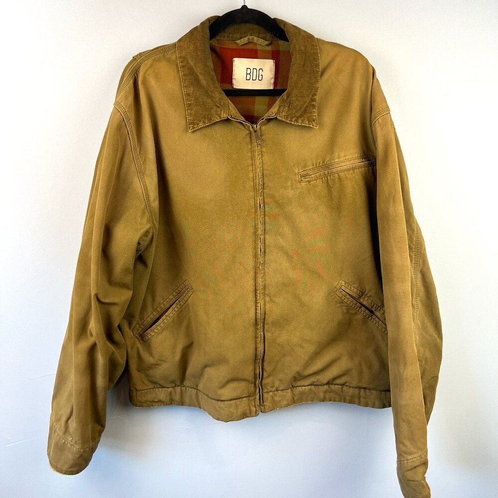 BDG Mens Canvas Distressed Barn Chore Coat Blanket‎ Lined Size L Corduroy Collar